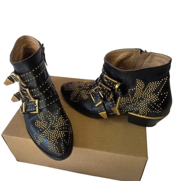 Chloe Women's Black Ankle Boots with Gold Studs - Picture 1 of 16